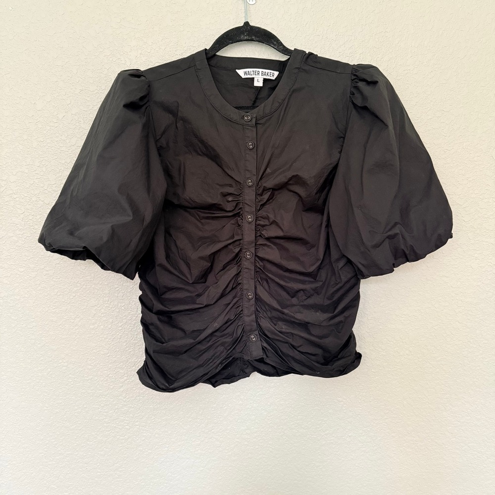 Walter Baker Black Ruched Puff Career Poplin Top Size L Statement Minimalist